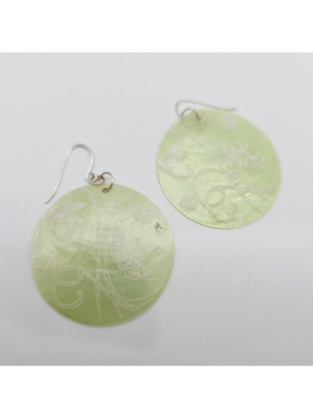 Round Green Shell Earrings With Butterfly & Floral Engraving Design 2.5" - Picture 5 of 6
